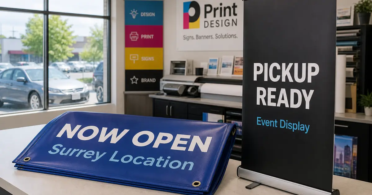 Print shop pickup with Now Open vinyl banner and Pickup Ready pull-up stand